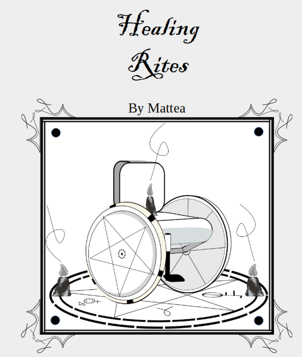 The cover of 'Healing Rites', showing a wheelchair in a magical circle with some candles